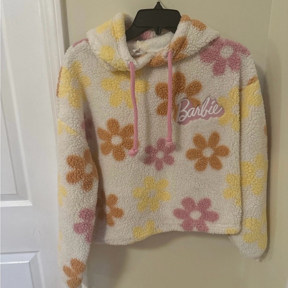 Barbie Sweaters - Barbie Cream Sherpa Hoodie with Pink, Yellow & Tan Floral Print size S